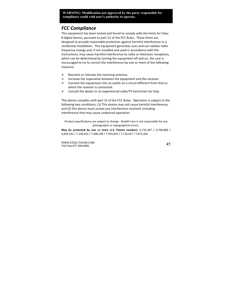 Fcc compliance | Stealth Cam STC-U840IRNG UNIT-OPS User Manual | Page 45 / 45