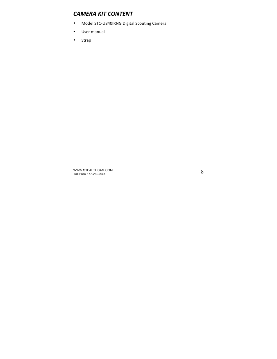 Camera kit content | Stealth Cam STC-U840IRNG UNIT-OPS User Manual | Page 8 / 45