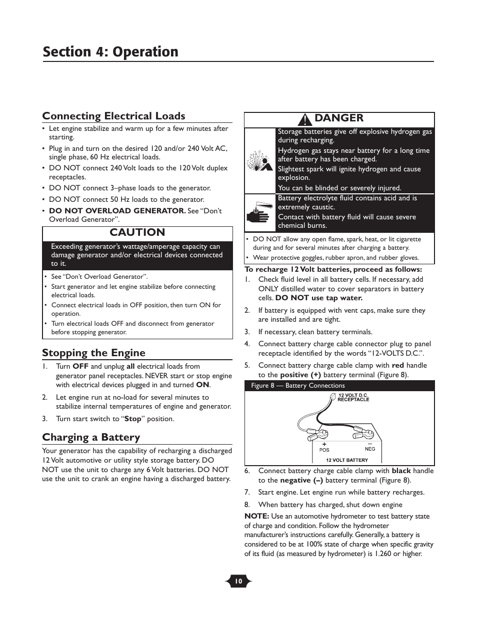 Connecting electrical loads, Stopping the engine, Charging a battery | Danger, Caution | Briggs & Stratton 30237 User Manual | Page 10 / 36