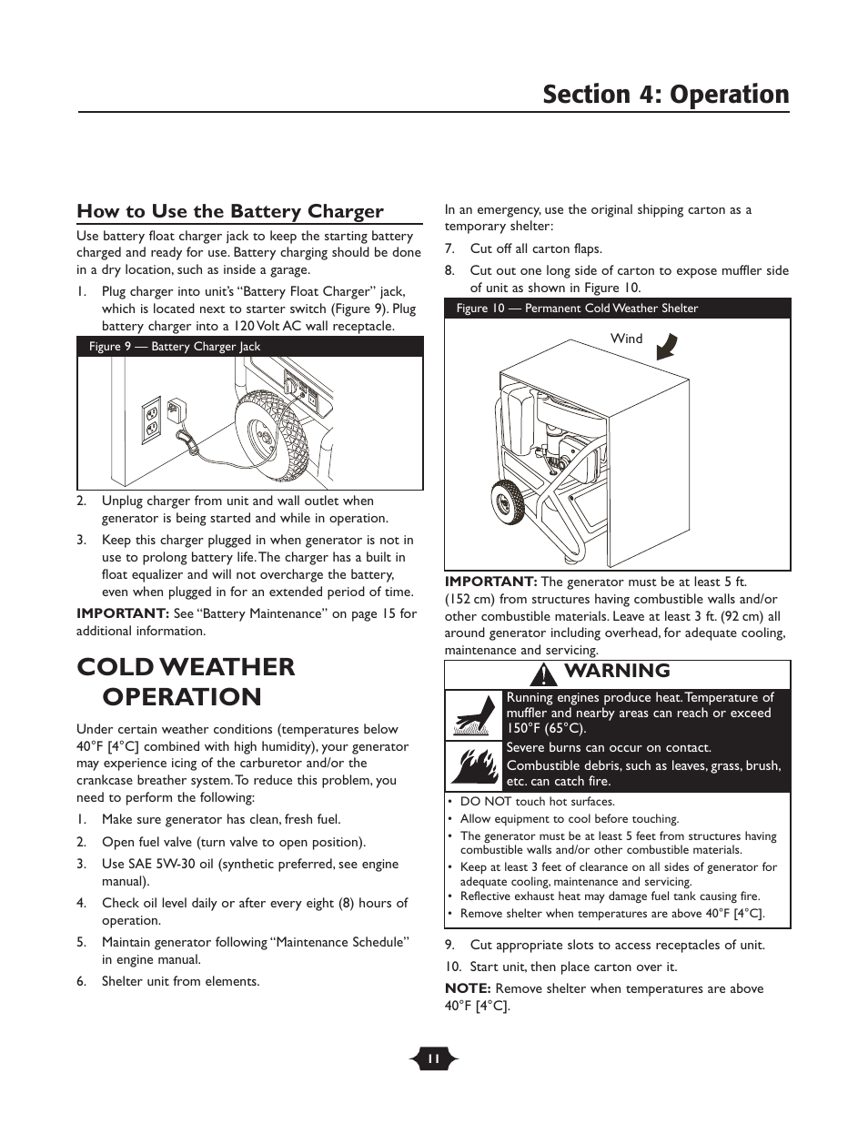 Cold weather operation, How to use the battery charger, Warning | Briggs & Stratton 30237 User Manual | Page 11 / 36