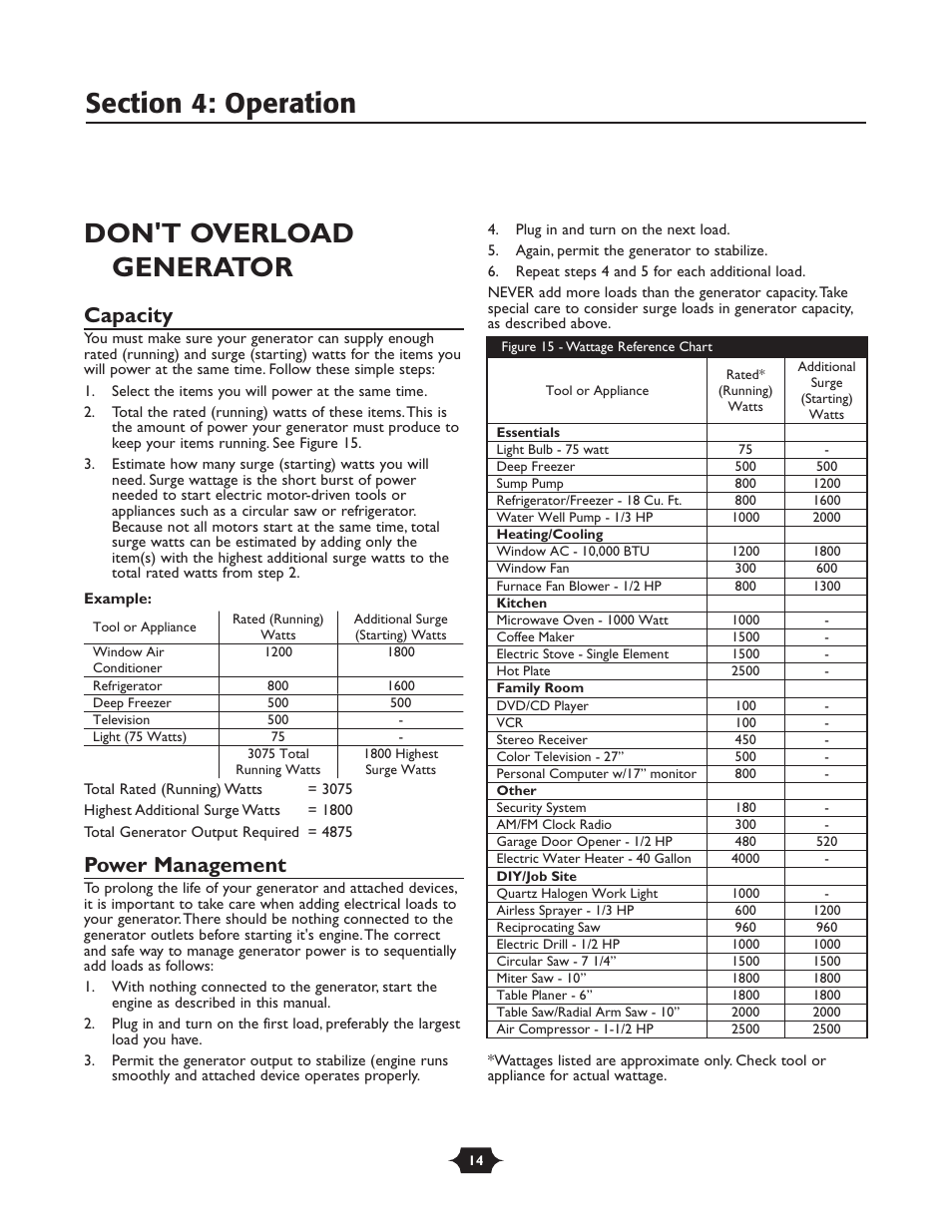 Don't overload generator, Capacity, Power management | Briggs & Stratton 30237 User Manual | Page 14 / 36