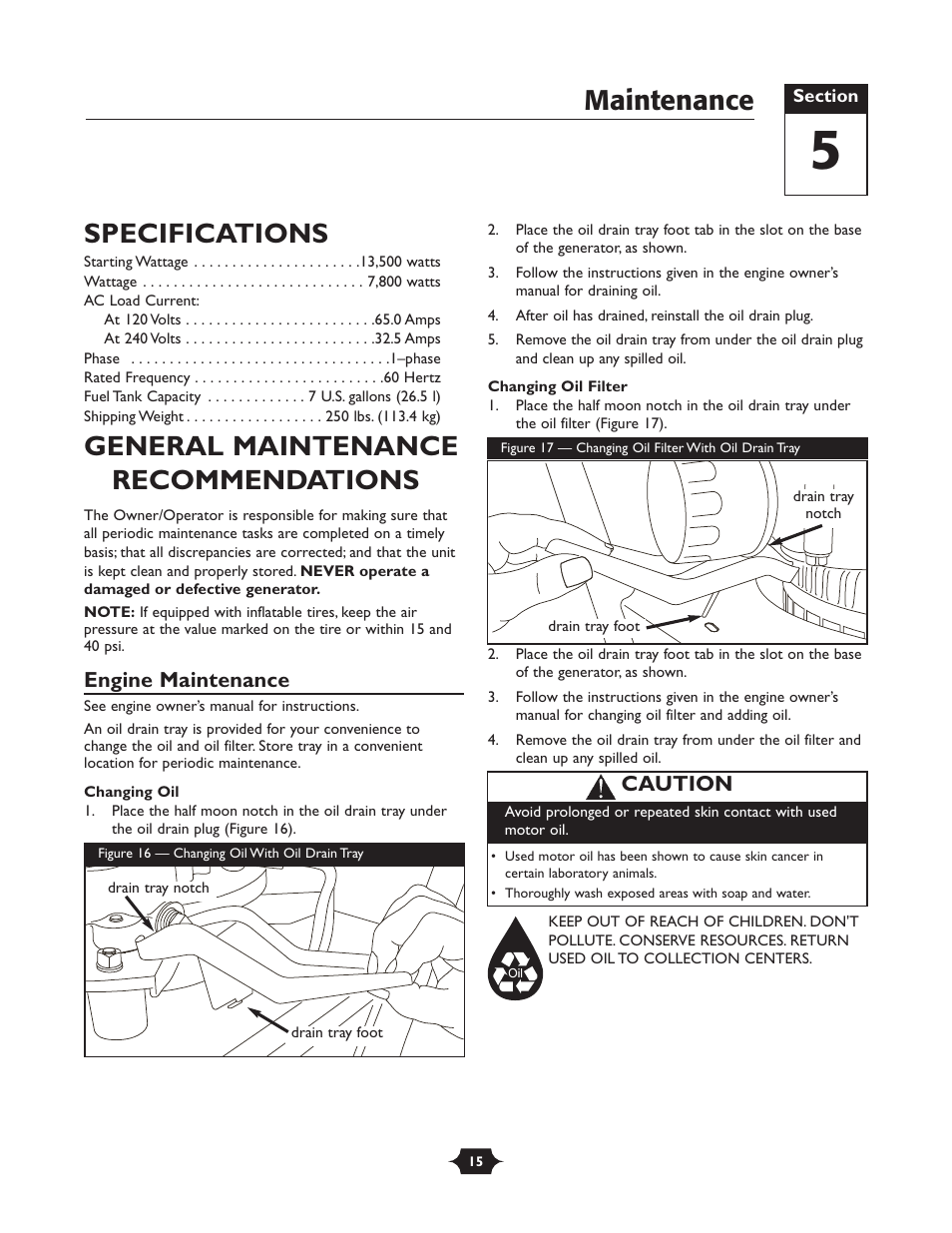 Specifications, General maintenance recommendations, Maintenance | Engine maintenance, Caution | Briggs & Stratton 30237 User Manual | Page 15 / 36