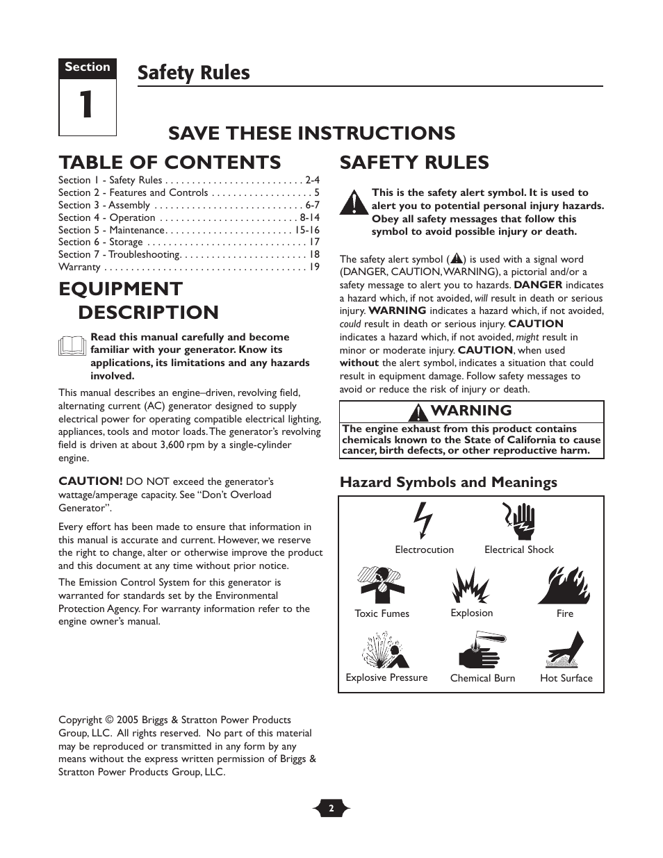Safety rules table of contents, Equipment description, Safety rules | Save these instructions | Briggs & Stratton 30237 User Manual | Page 2 / 36
