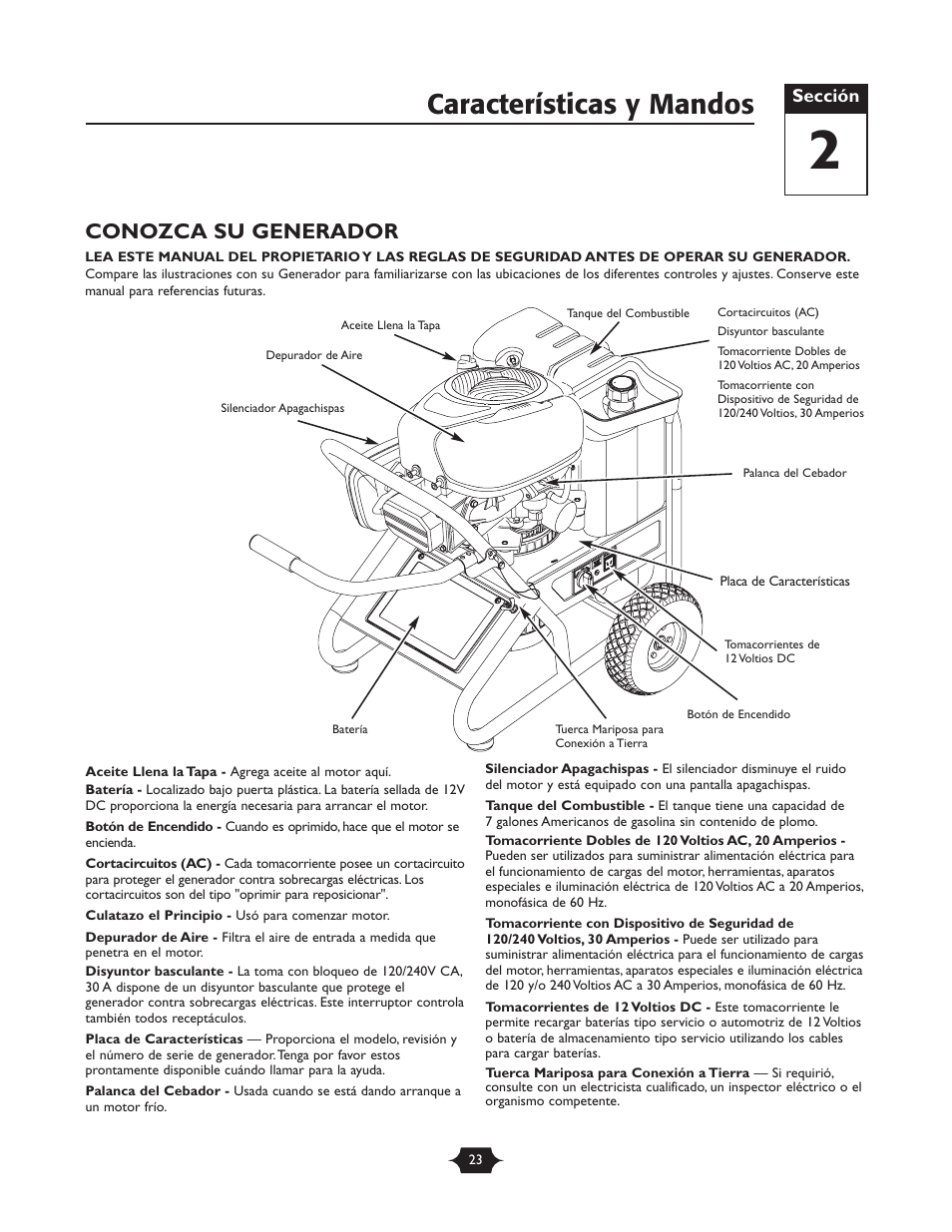 Características y mandos, Conozca su generador | Briggs & Stratton 30237 User Manual | Page 23 / 36