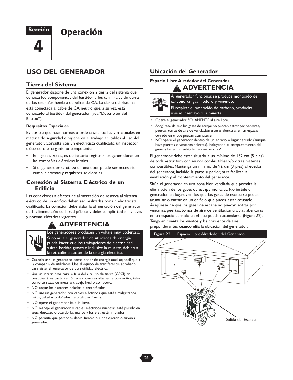 Operación, Uso del generador, Advertencia | Briggs & Stratton 30237 User Manual | Page 26 / 36