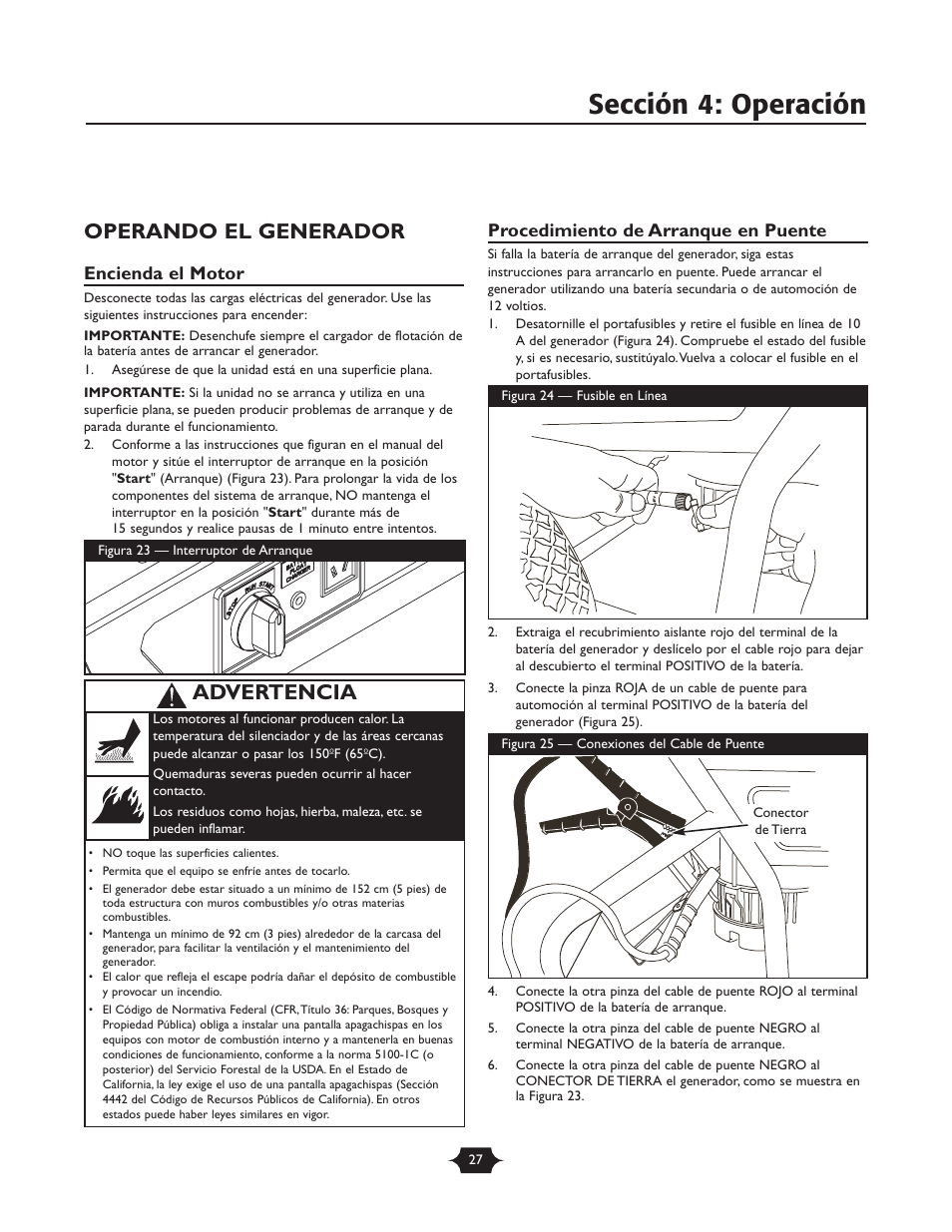 Sección 4: operación, Operando el generador, Advertencia | Encienda el motor, Procedimiento de arranque en puente | Briggs & Stratton 30237 User Manual | Page 27 / 36