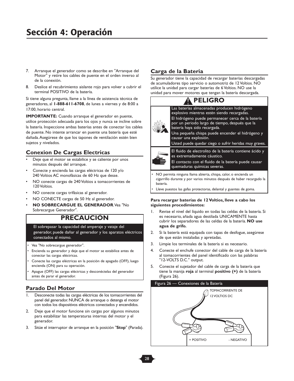 Sección 4: operación, Peligro, Precaución | Conexion de cargas electricas, Parado del motor, Carga de la bateria | Briggs & Stratton 30237 User Manual | Page 28 / 36