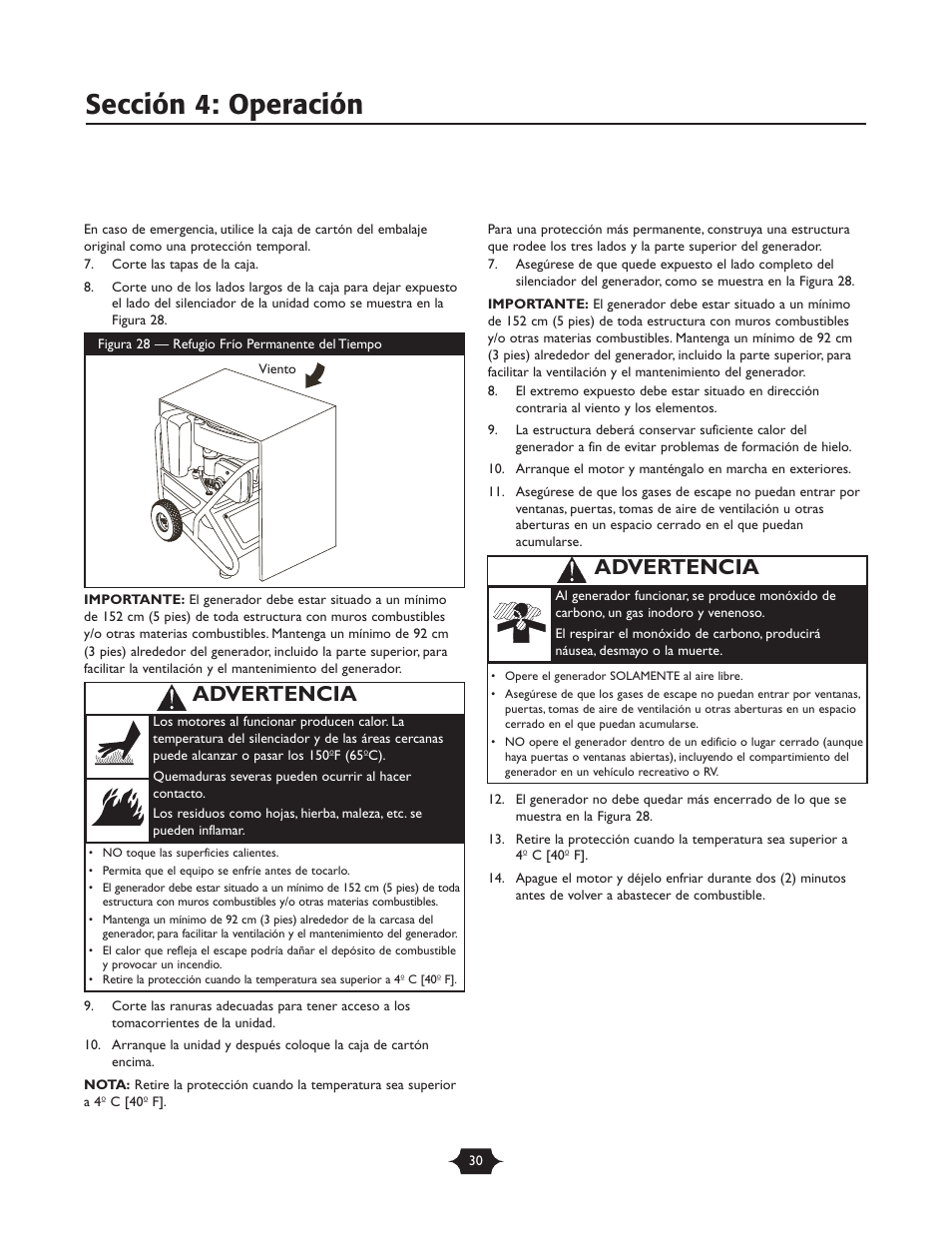 Sección 4: operación, Advertencia | Briggs & Stratton 30237 User Manual | Page 30 / 36