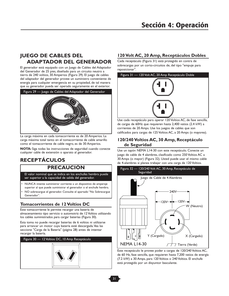 Sección 4: operación, Juego de cables del adaptador del generador, Receptáculos | Precaución | Briggs & Stratton 30237 User Manual | Page 31 / 36