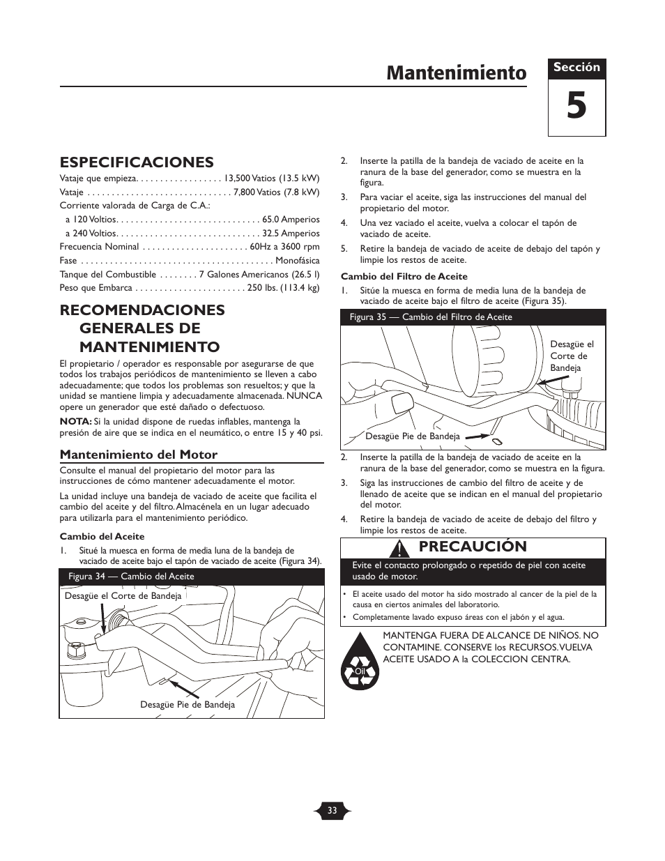 Mantenimiento, Especificaciones, Recomendaciones generales de mantenimiento | Precaución | Briggs & Stratton 30237 User Manual | Page 33 / 36