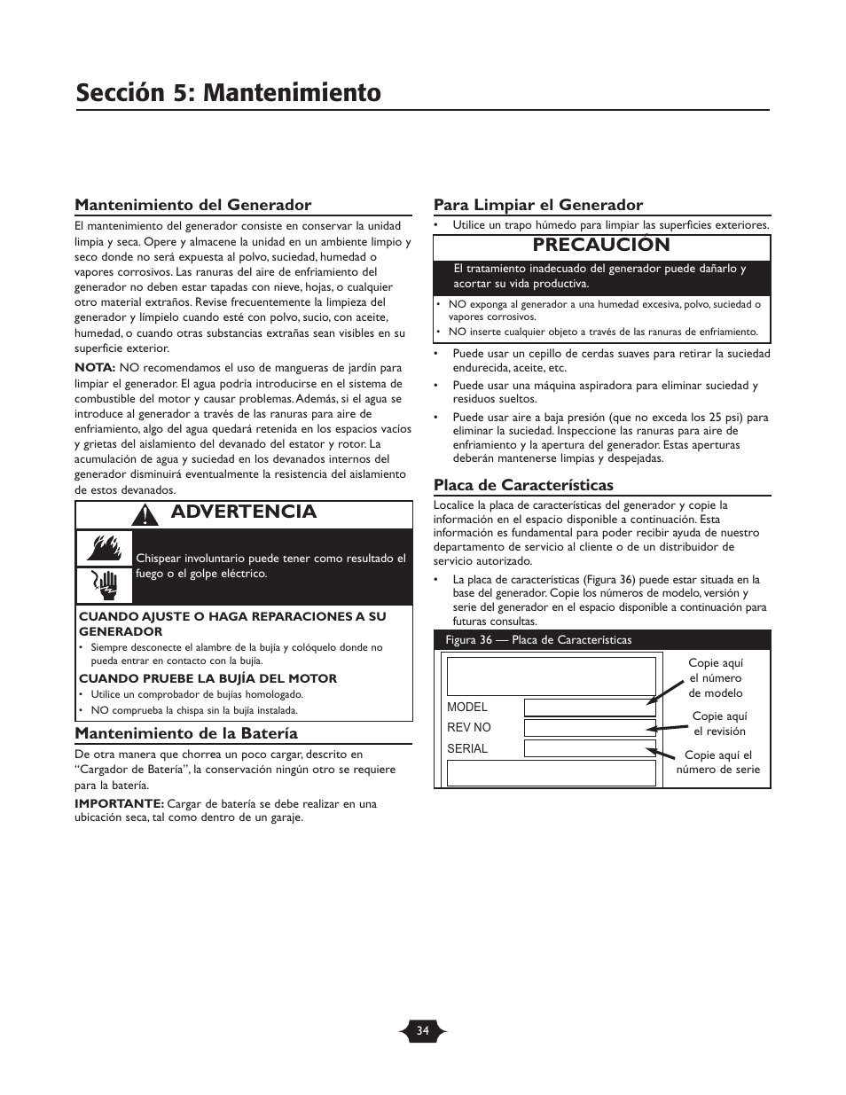 Sección 5: mantenimiento, Precaución, Advertencia | Briggs & Stratton 30237 User Manual | Page 34 / 36