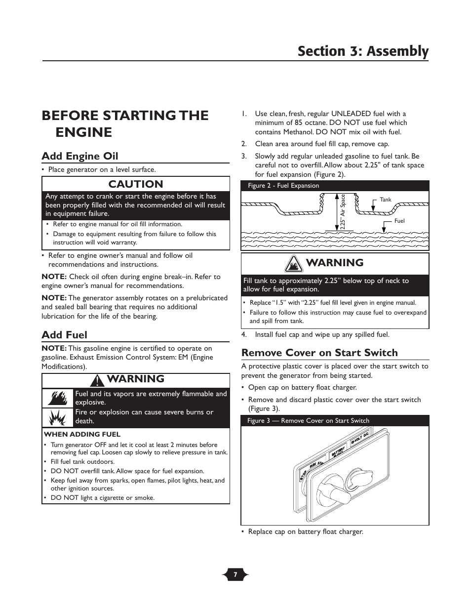 Before starting the engine, Add engine oil, Add fuel | Remove cover on start switch, Warning, Caution | Briggs & Stratton 30237 User Manual | Page 7 / 36