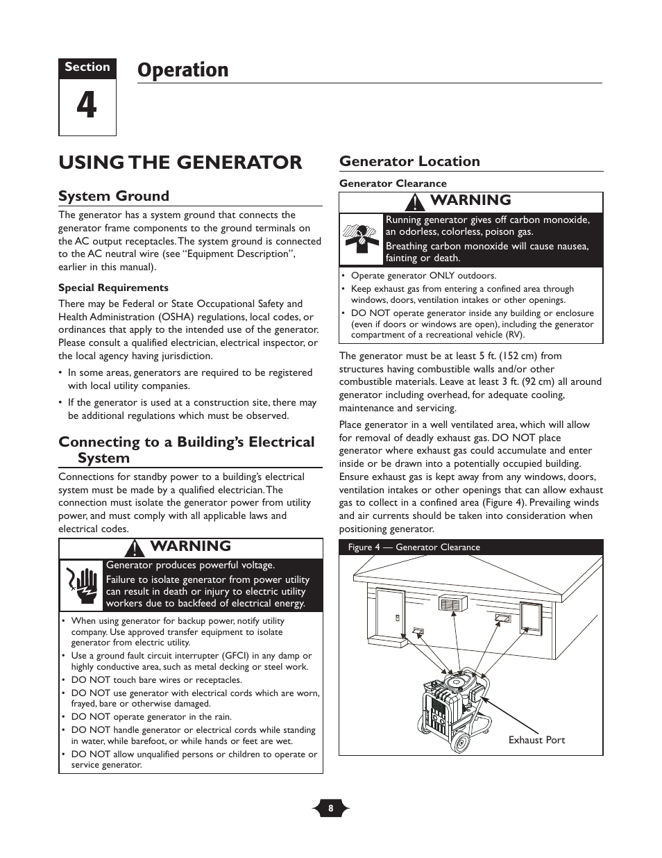 Using the generator, Operation, System ground | Connecting to a building’s electrical system, Generator location, Warning | Briggs & Stratton 30237 User Manual | Page 8 / 36