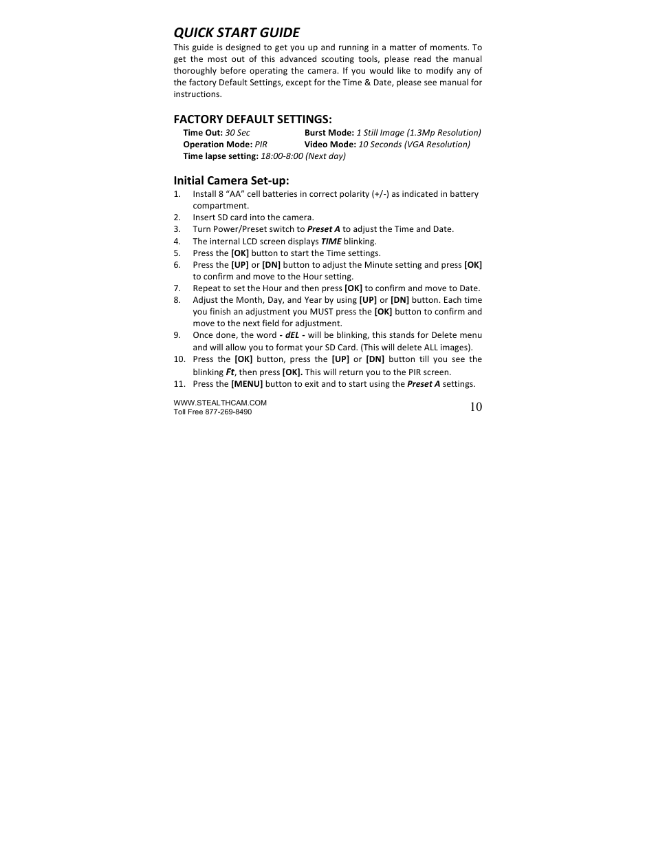 Quick start guide, Factory default settings, Initial camera set-­‐up | Stealth Cam STC-U840IRS1 UNIT-S1-Presets User Manual | Page 10 / 42