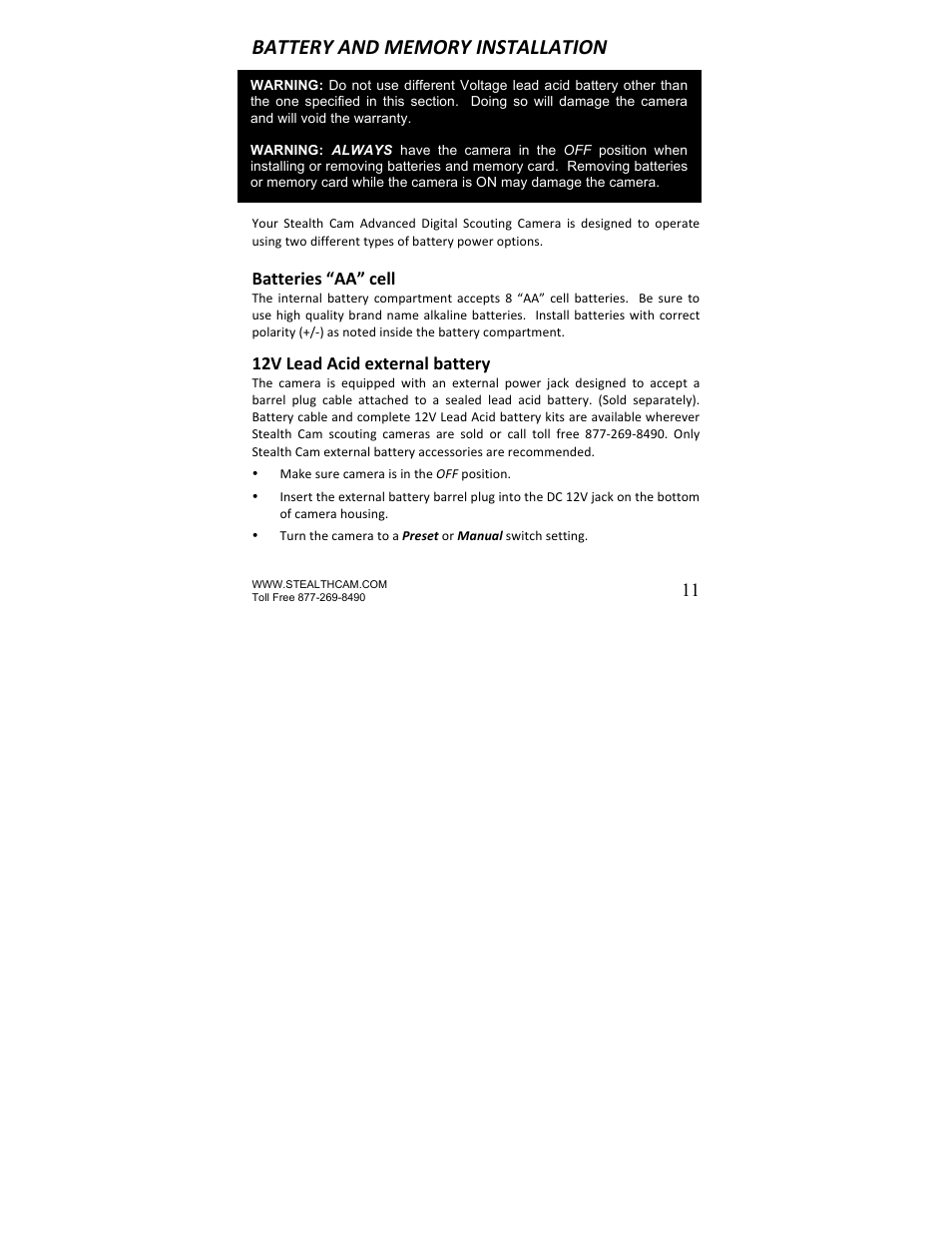 Batteries “aa” cell, 12v lead acid external battery | Stealth Cam STC-U840IRS1 UNIT-S1-Presets User Manual | Page 11 / 42