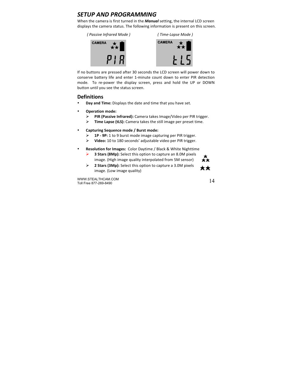 Setup and programming, Definitions | Stealth Cam STC-U840IRS1 UNIT-S1-Presets User Manual | Page 14 / 42