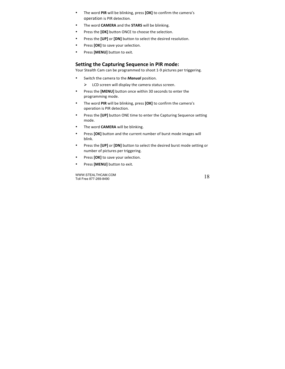 Setting the capturing sequence in pir mode | Stealth Cam STC-U840IRS1 UNIT-S1-Presets User Manual | Page 18 / 42