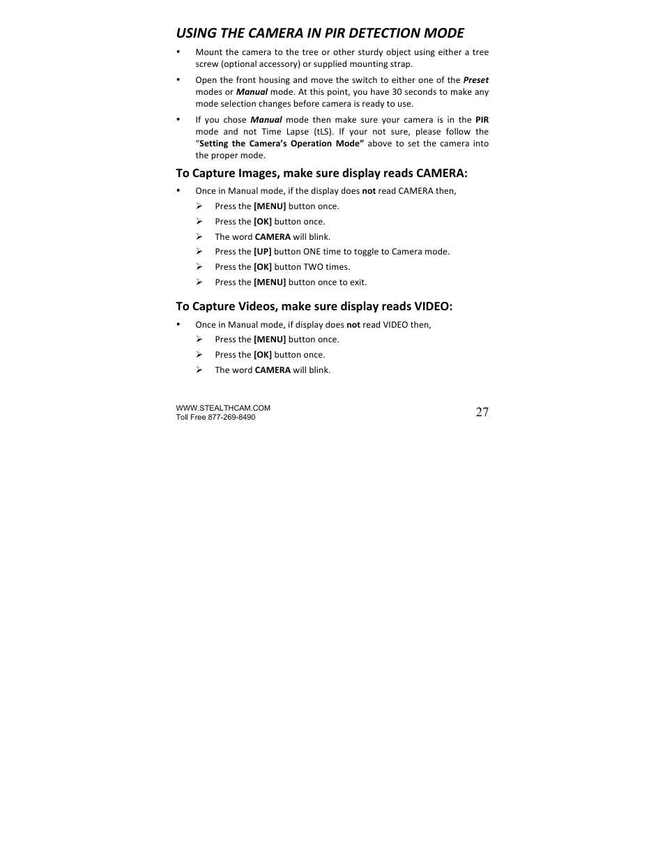 Using the camera in pir detection mode | Stealth Cam STC-U840IRS1 UNIT-S1-Presets User Manual | Page 27 / 42