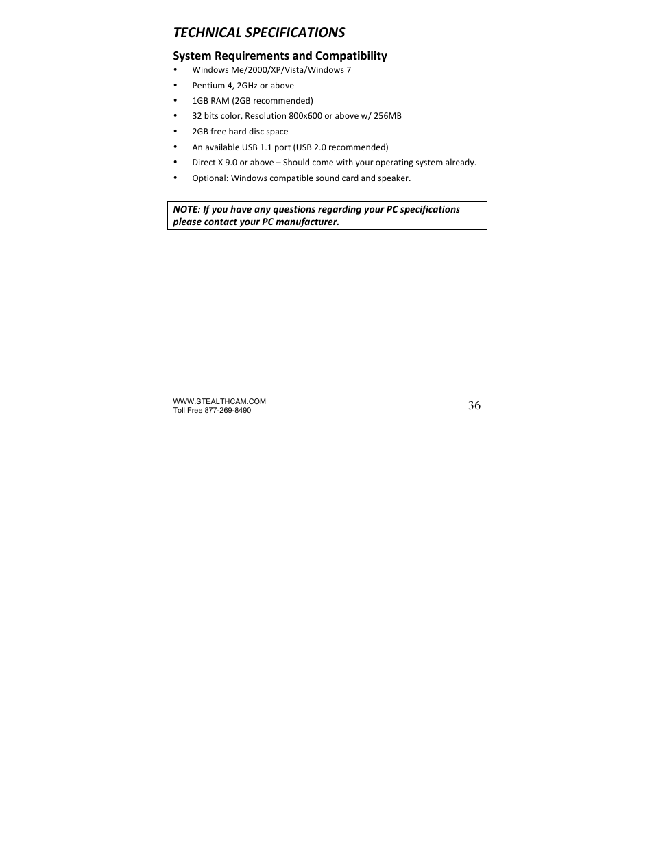 Technical specifications, System requirements and compatibility | Stealth Cam STC-U840IRS1 UNIT-S1-Presets User Manual | Page 36 / 42