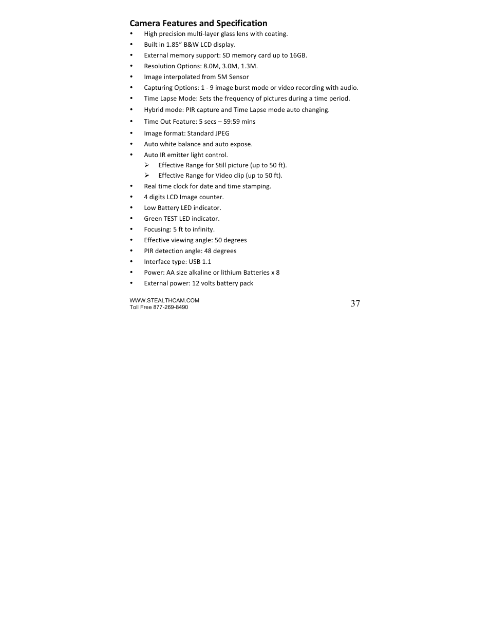 37 camera features and specification | Stealth Cam STC-U840IRS1 UNIT-S1-Presets User Manual | Page 37 / 42