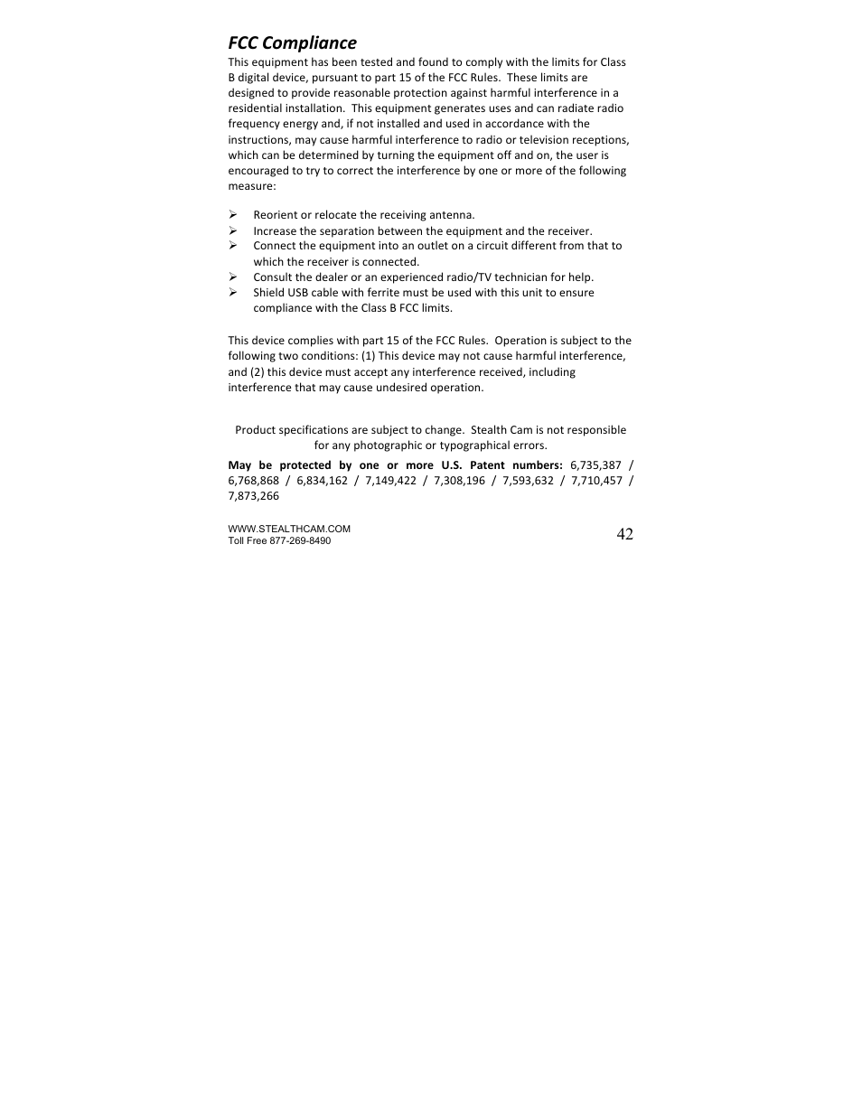 Fcc compliance | Stealth Cam STC-U840IRS1 UNIT-S1-Presets User Manual | Page 42 / 42