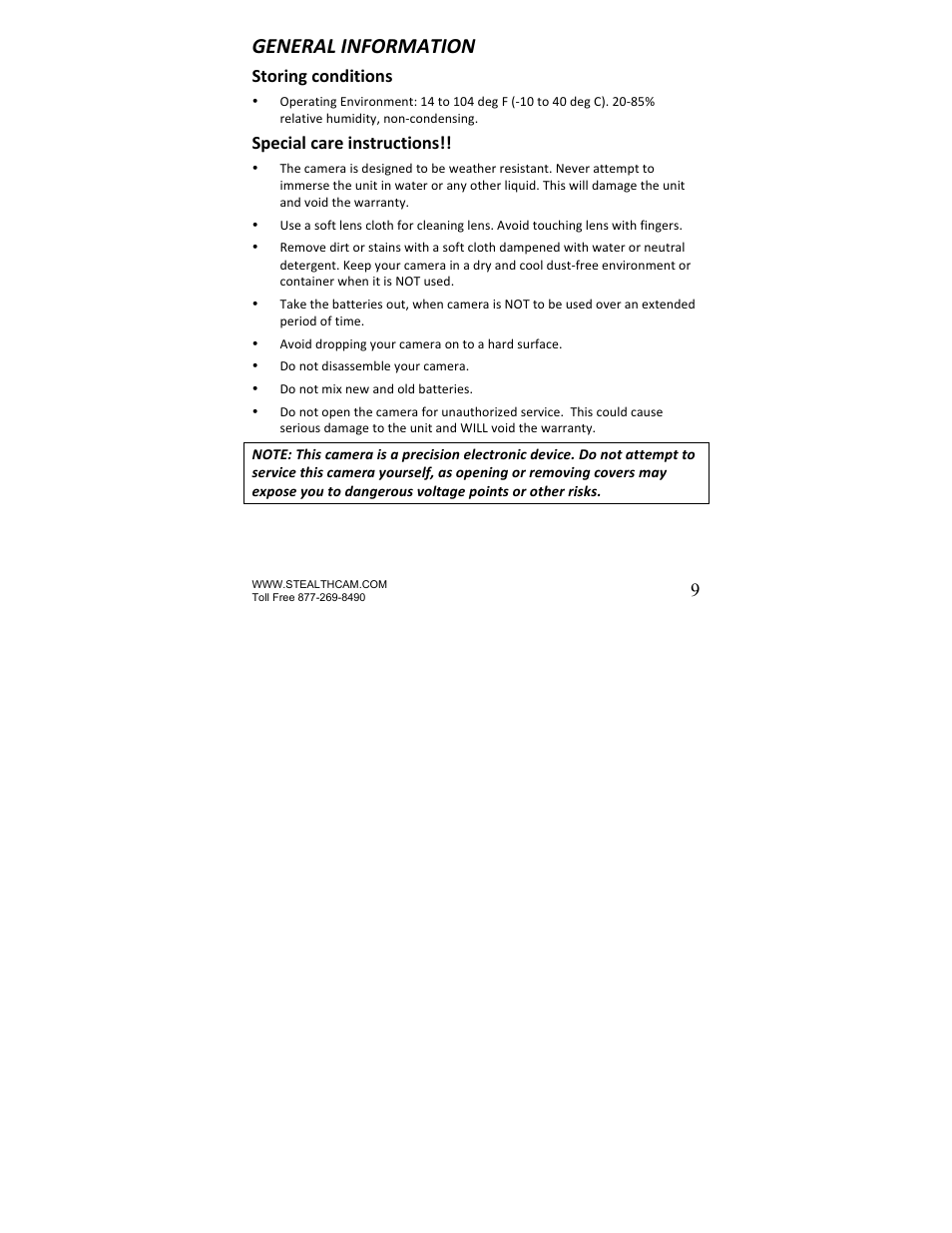 General information, Storing conditions, Special care instructions | Stealth Cam STC-U840IRS1 UNIT-S1-Presets User Manual | Page 9 / 42