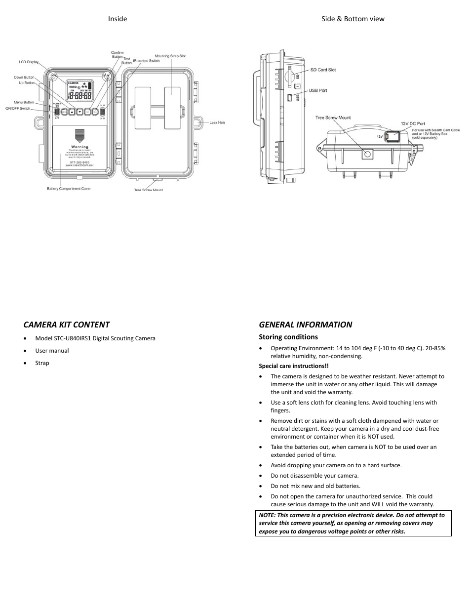 Camera kit content, General information | Stealth Cam STC-U840IRS1 User Manual | Page 2 / 9