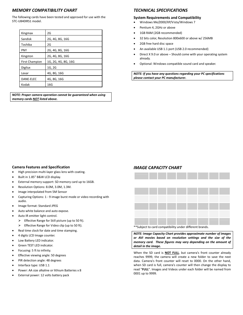 Technical specifications, Image capacity chart, System requirements and compatibility | 31 camera features and specification | Stealth Cam STC-U840IRS1 User Manual | Page 8 / 9