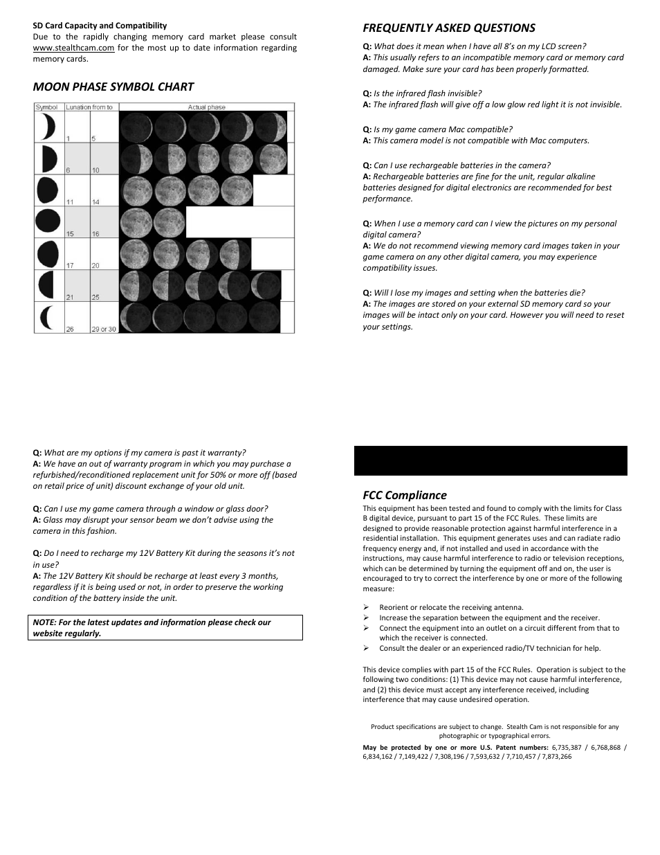 Moon phase symbol chart, Frequently asked questions, Fcc compliance | Stealth Cam STC-U840IRS1 User Manual | Page 9 / 9