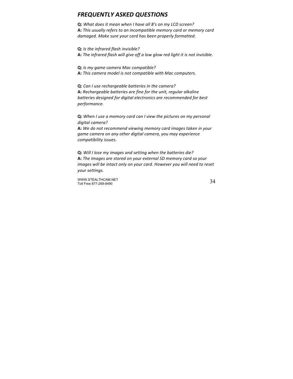 Frequently asked questions | Stealth Cam STC-U840IR UNIT User Manual | Page 34 / 36