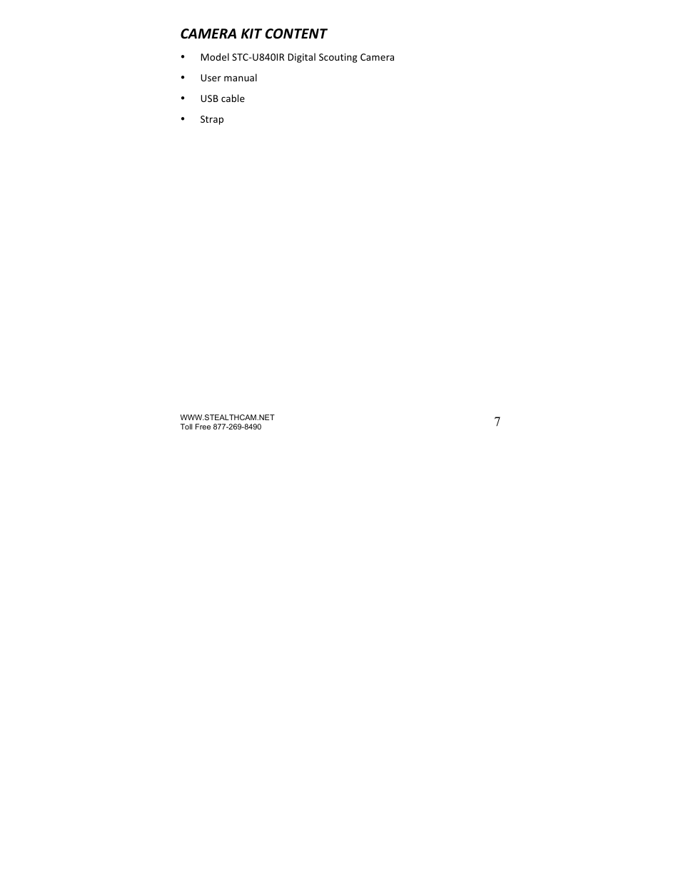 Camera kit content | Stealth Cam STC-U840IR UNIT User Manual | Page 7 / 36