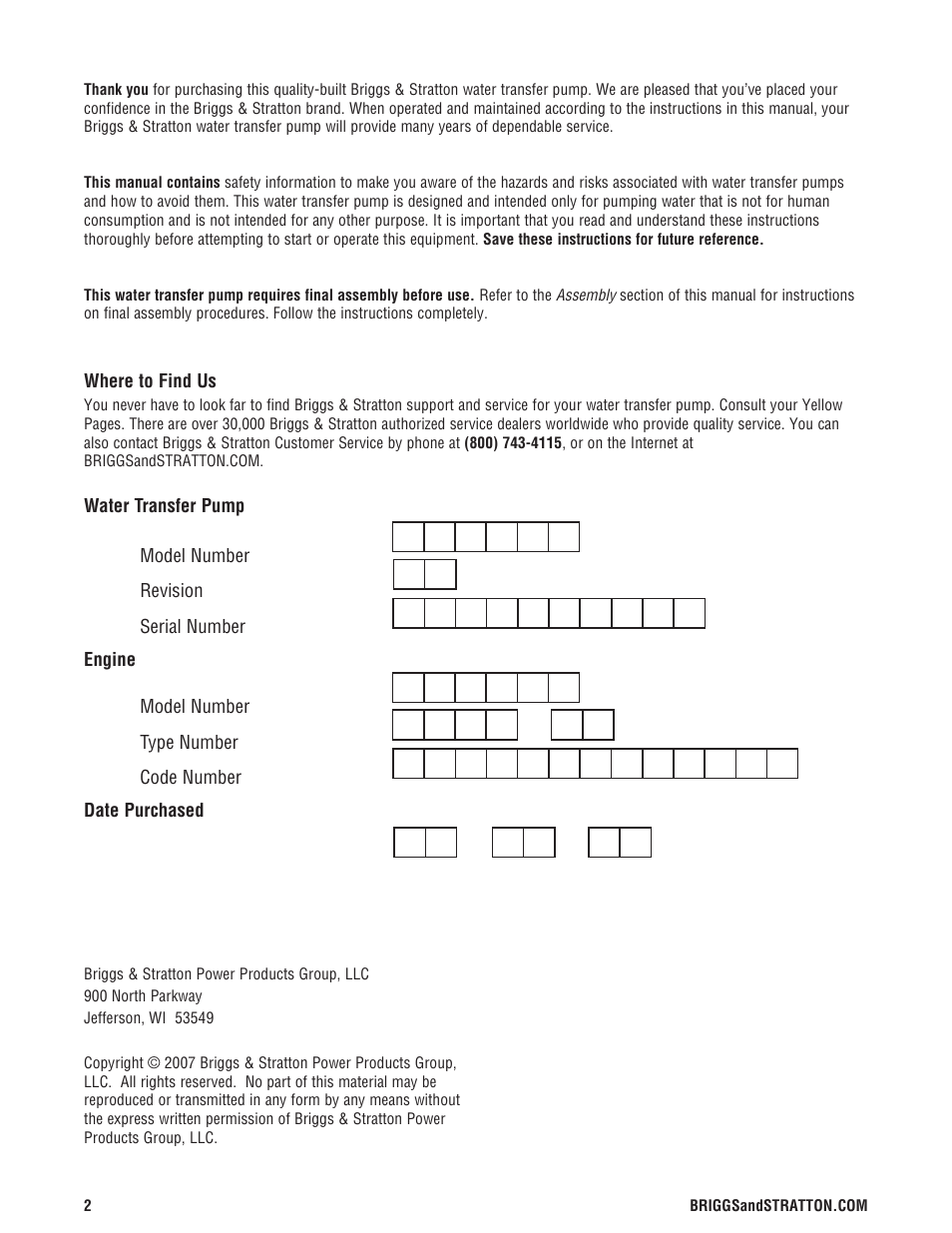 Briggs & Stratton Water Transfer Pump User Manual | Page 2 / 72