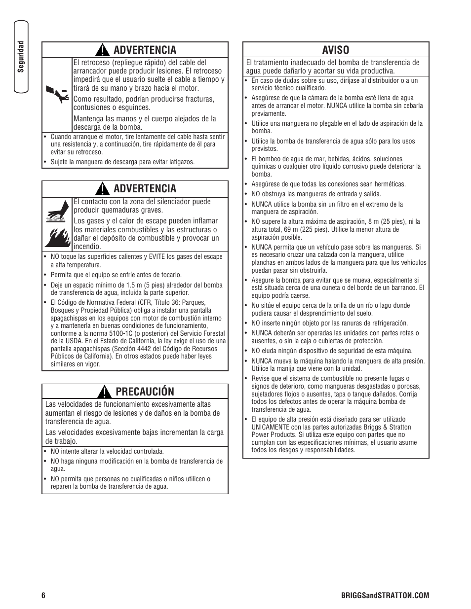 Advertencia, Aviso, Precaución | Briggs & Stratton Water Transfer Pump User Manual | Page 30 / 72