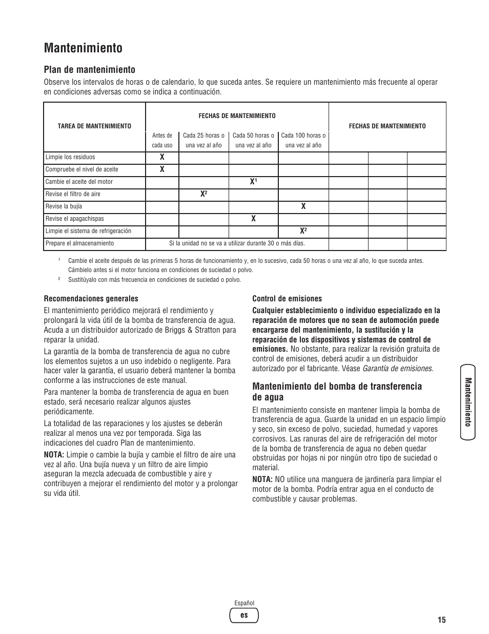 Mantenimiento, Plan de mantenimiento, Mantenimiento del bomba de transferencia de agua | Briggs & Stratton Water Transfer Pump User Manual | Page 39 / 72