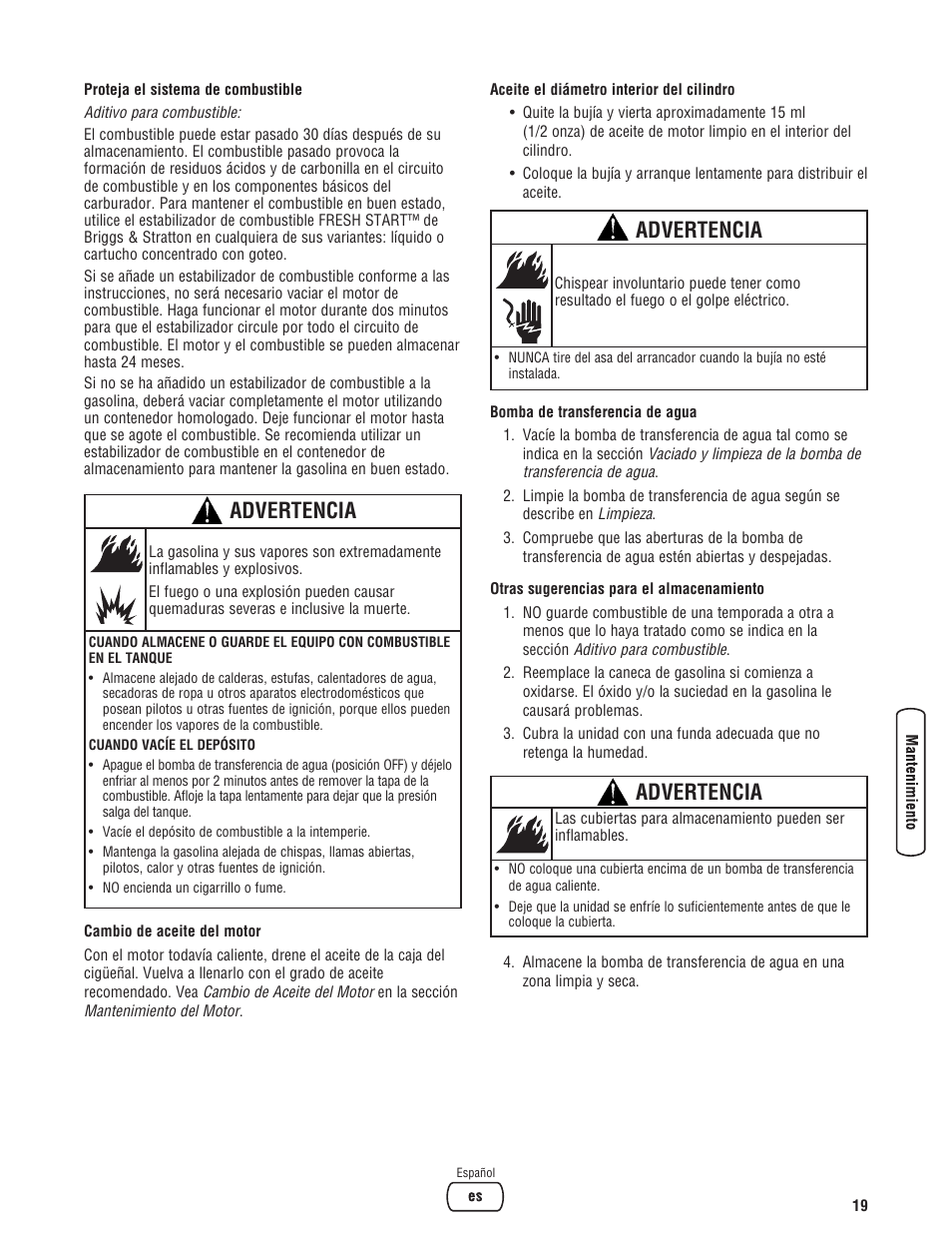 Advertencia | Briggs & Stratton Water Transfer Pump User Manual | Page 43 / 72