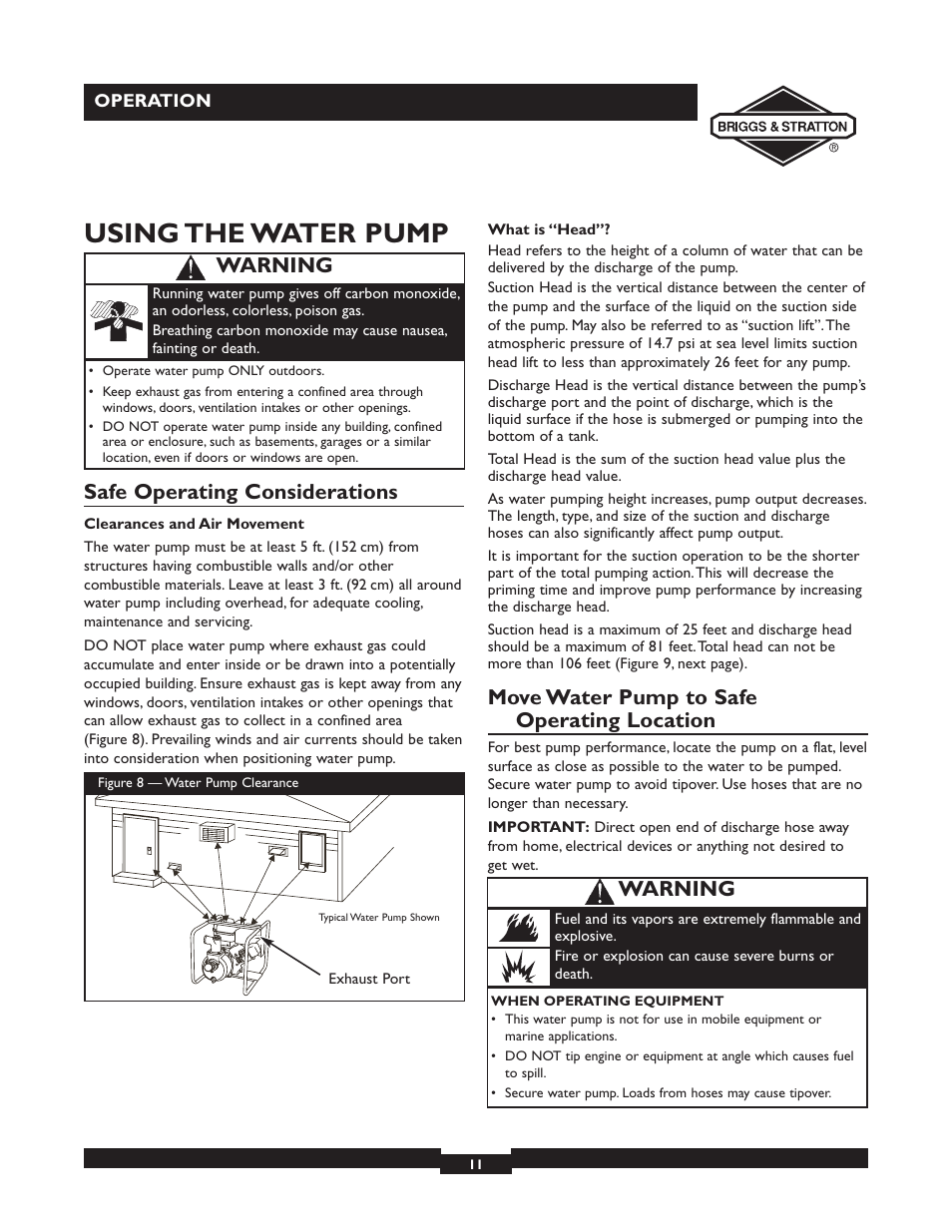 Using the water pump, Safe operating considerations, Move water pump to safe operating location | Warning | Briggs & Stratton 073002 User Manual | Page 11 / 72