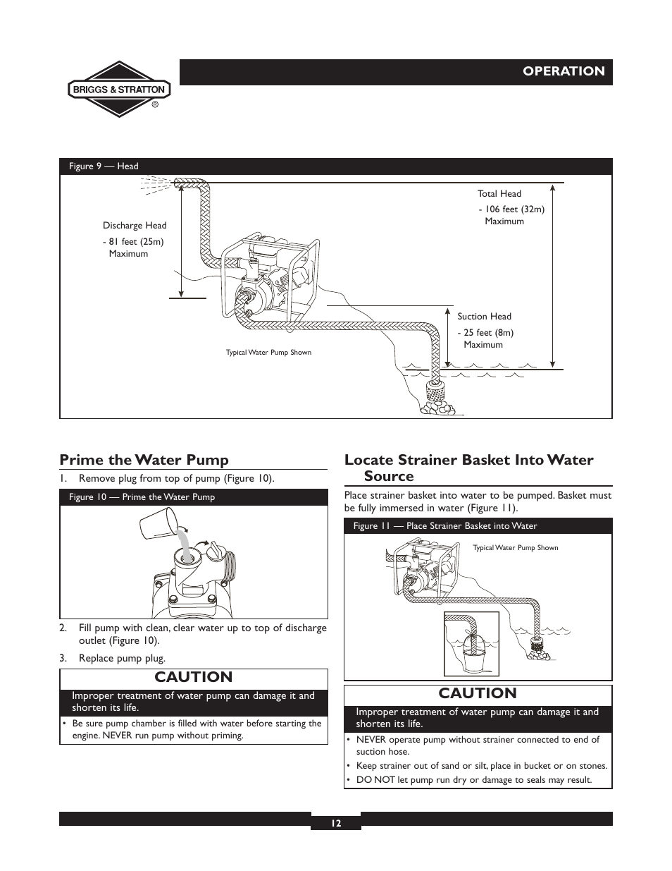 Prime the water pump, Locate strainer basket into water source, Caution | Briggs & Stratton 073002 User Manual | Page 12 / 72