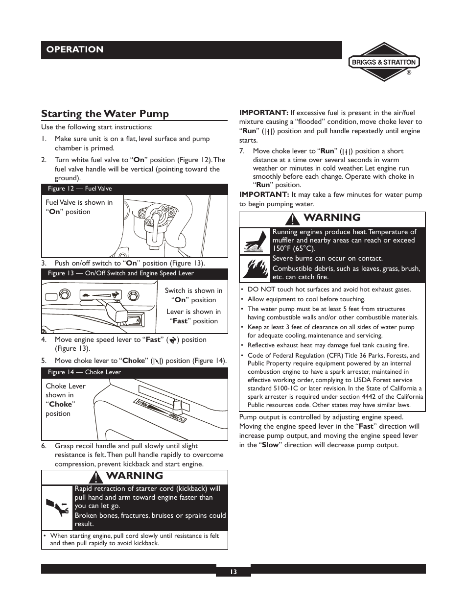 Starting the water pump, Warning | Briggs & Stratton 073002 User Manual | Page 13 / 72