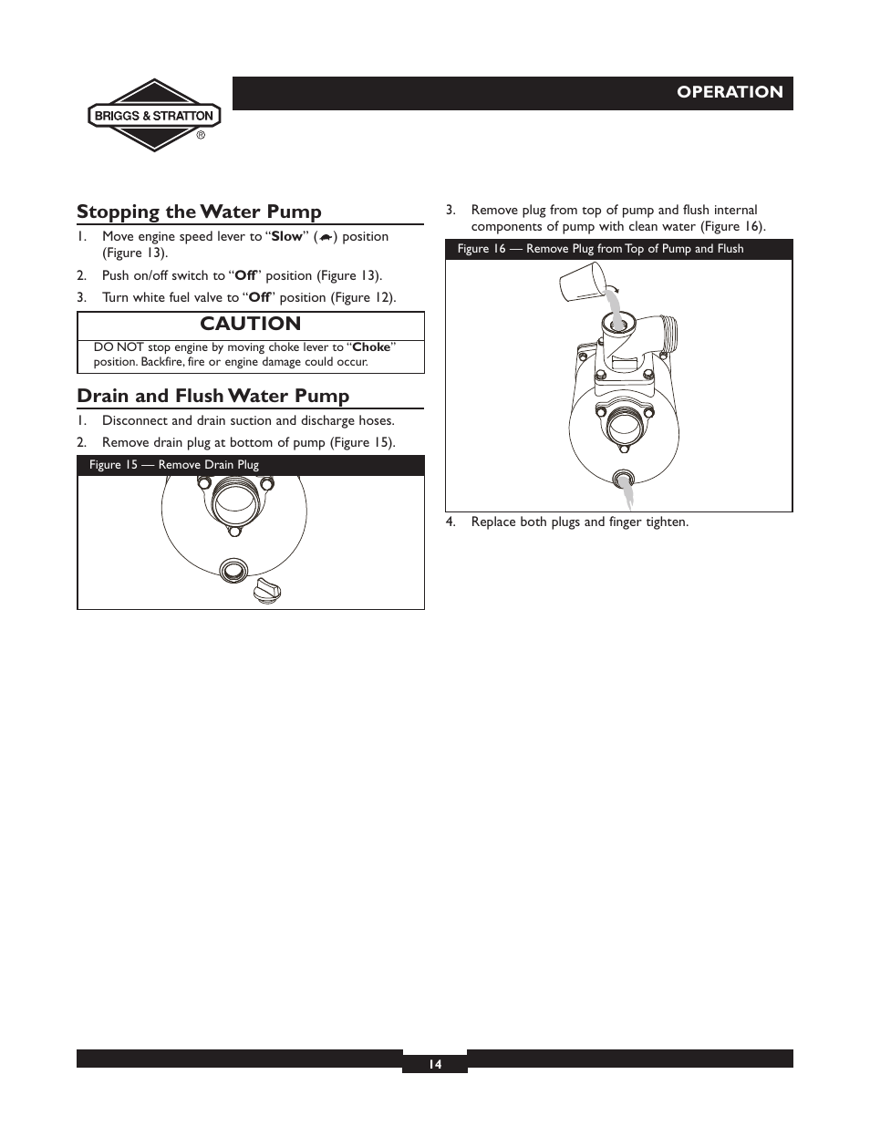 Stopping the water pump, Drain and flush water pump, Caution | Briggs & Stratton 073002 User Manual | Page 14 / 72