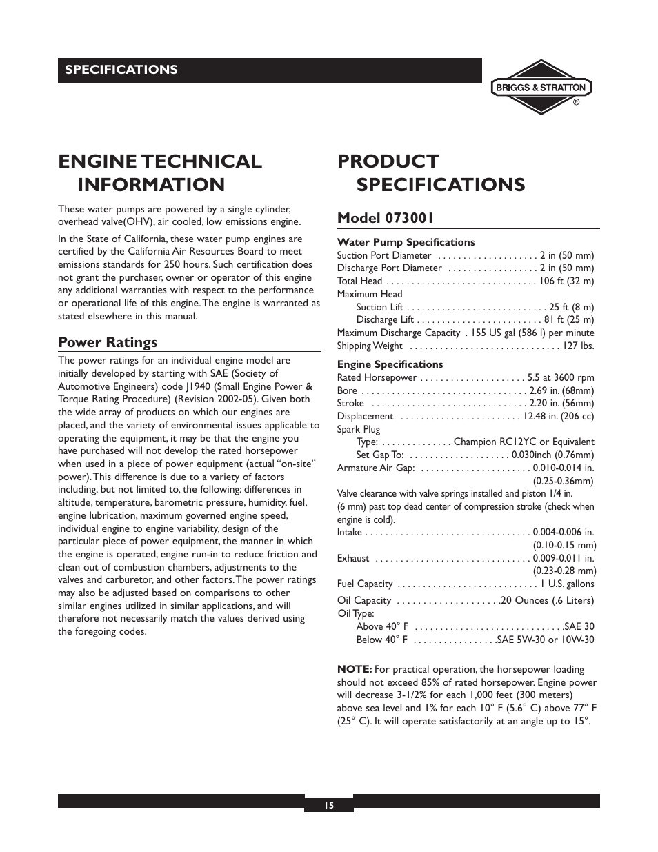 Engine technical information, Product specifications, Power ratings | Briggs & Stratton 073002 User Manual | Page 15 / 72