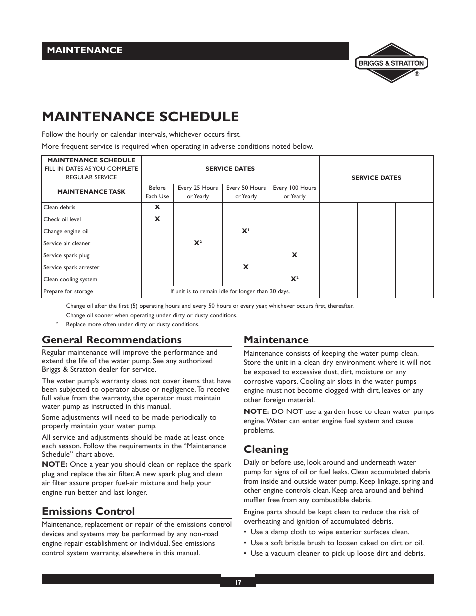 Maintenance schedule, General recommendations, Emissions control | Cleaning, Maintenance | Briggs & Stratton 073002 User Manual | Page 17 / 72