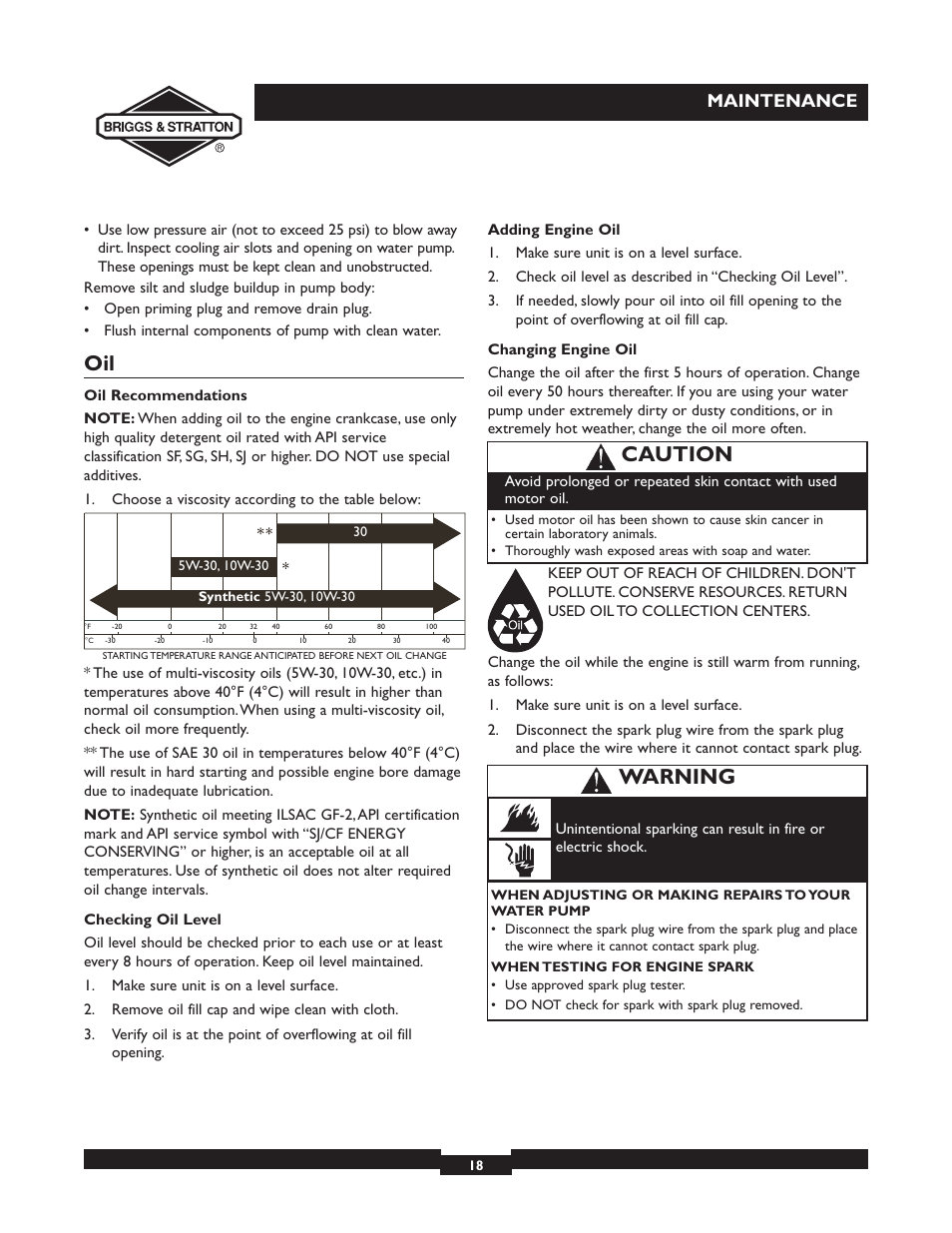 Caution, Warning, Maintenance | Briggs & Stratton 073002 User Manual | Page 18 / 72