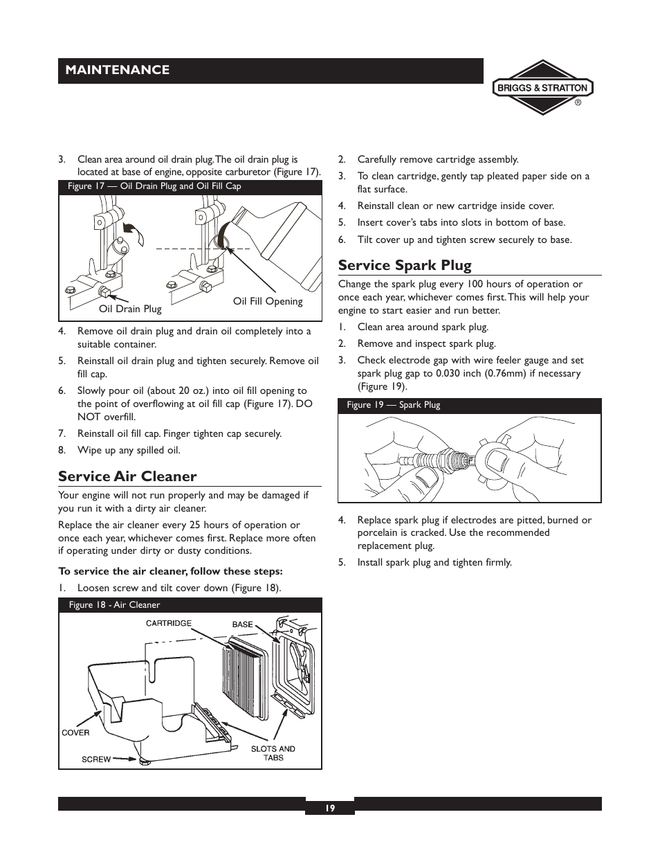 Service air cleaner, Service spark plug | Briggs & Stratton 073002 User Manual | Page 19 / 72