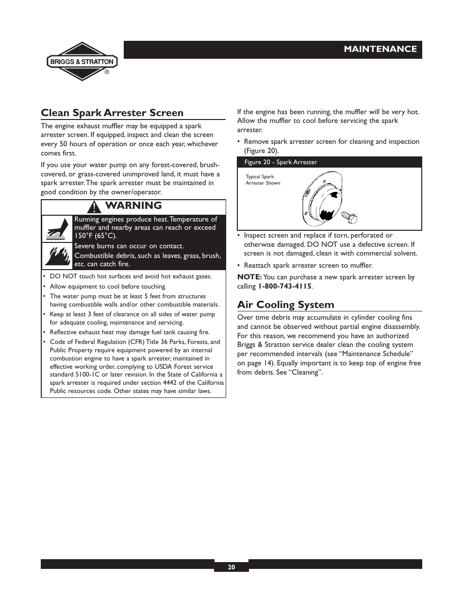 Clean spark arrester screen, Air cooling system, Warning | Briggs & Stratton 073002 User Manual | Page 20 / 72