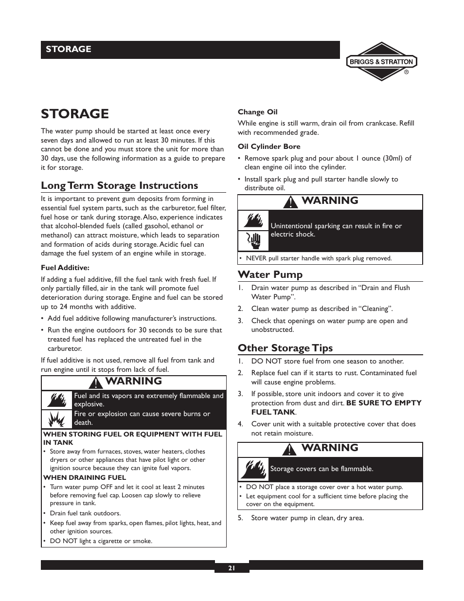 Storage, Long term storage instructions, Water pump | Other storage tips, Warning | Briggs & Stratton 073002 User Manual | Page 21 / 72