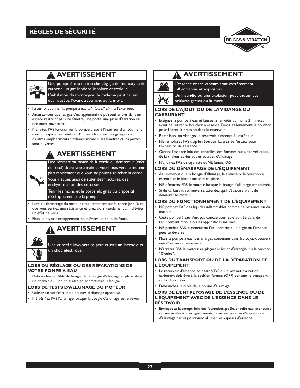 Avertissement, Règles de sécurité | Briggs & Stratton 073002 User Manual | Page 27 / 72