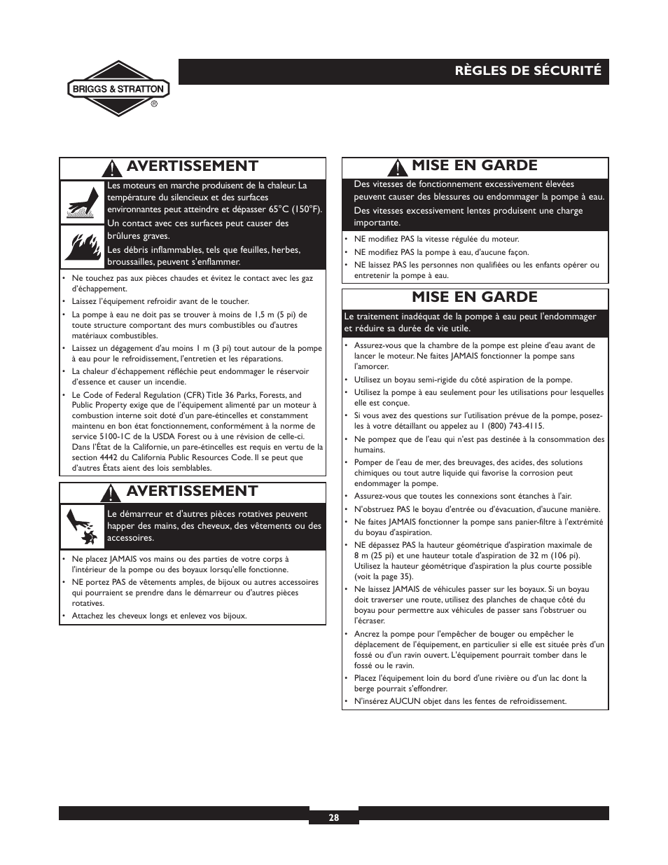 Mise en garde, Avertissement, Règles de sécurité | Briggs & Stratton 073002 User Manual | Page 28 / 72