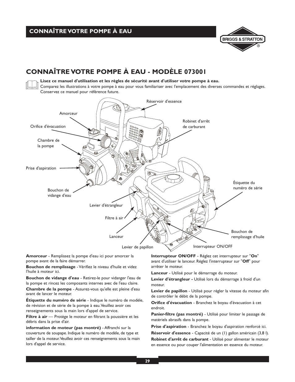 Connaître votre pompe à eau | Briggs & Stratton 073002 User Manual | Page 29 / 72