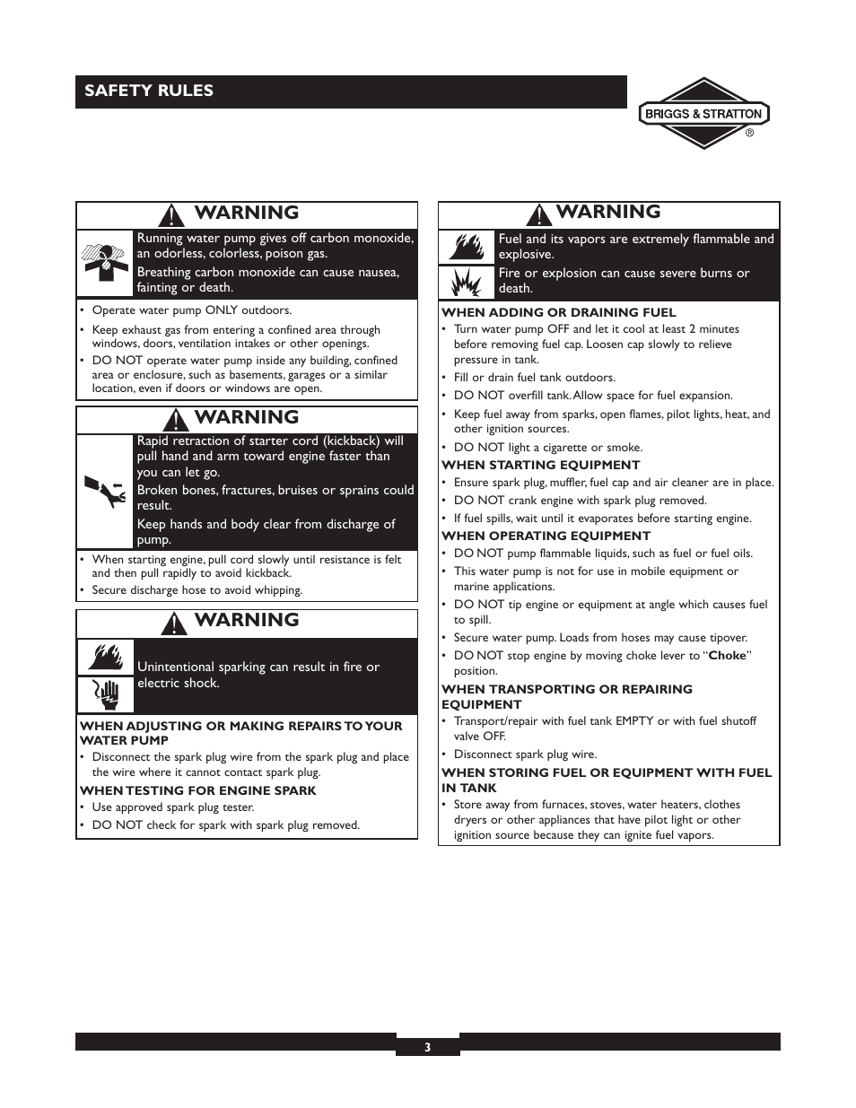 Warning | Briggs & Stratton 073002 User Manual | Page 3 / 72