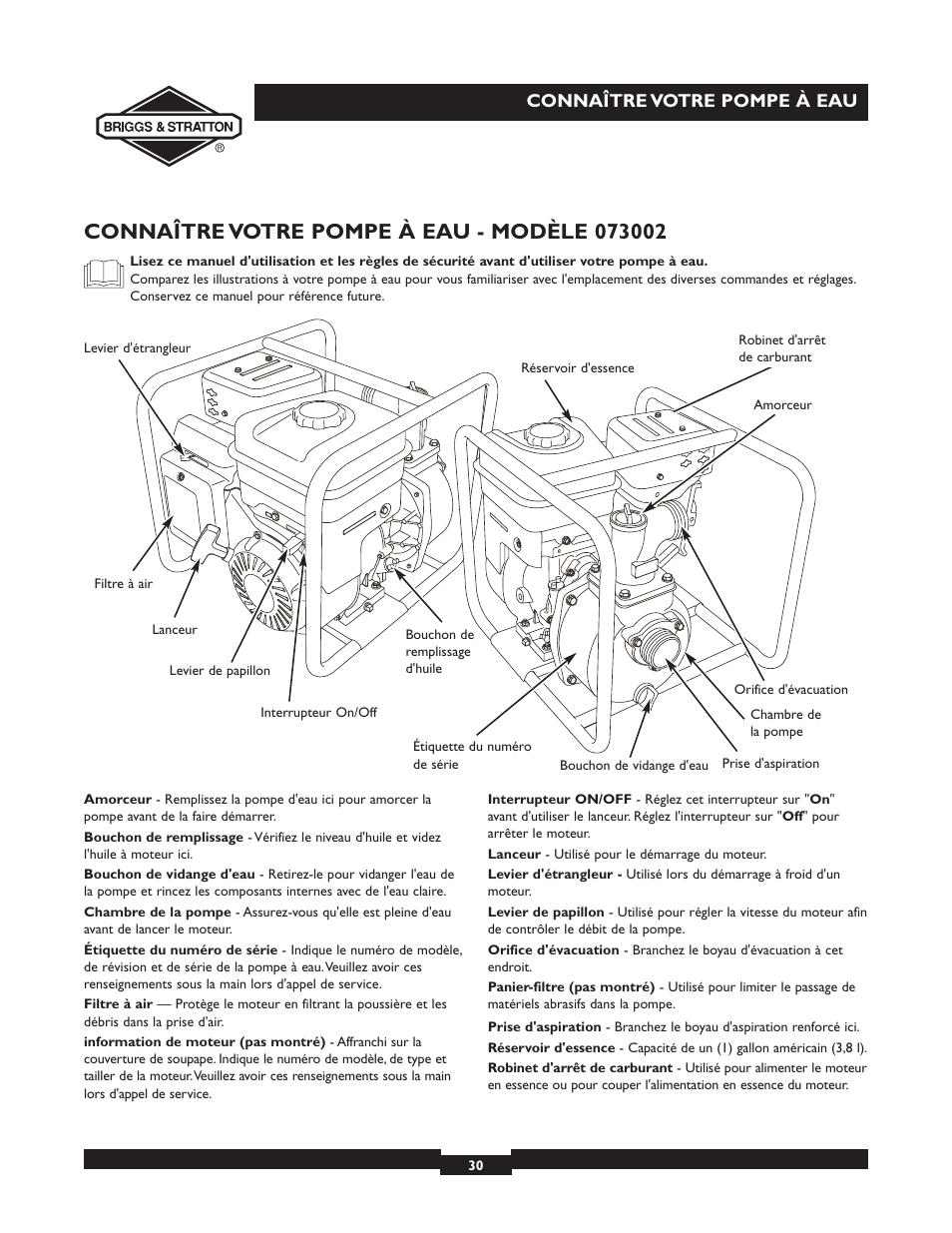 Connaître votre pompe à eau | Briggs & Stratton 073002 User Manual | Page 30 / 72